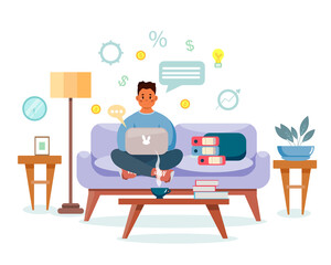 Fototapeta premium An African-American businessman is sitting on the couch with a laptop and working at home. The concept of financial technologies. Doing business, cryptocurrency, electronic wallets. Vector 