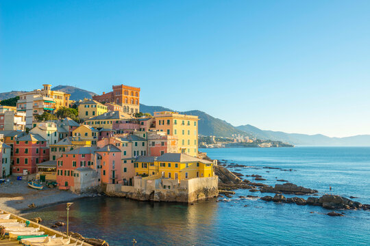 Boccadasse Village in a Sunny Day on Mediterranean Sea in Liguria, Italy.