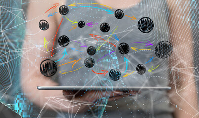 Global network. Blockchain. 3D illustration. Neural networks and artificial intelligence. Abstract