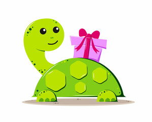 The green flat turtle is smiling. There is a gift box with a bow on the back.