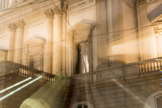 Window on Scala Theater on Piazza della Scala at Night with Light Trails in Milan, Lombardy in Italy.