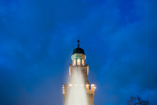 Sforza Castle and Water Fountain in Dusk in Milan, Lombardy in Italy.