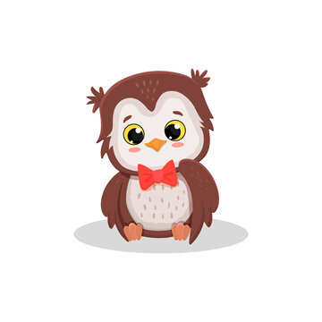 cute cartoon owlet with red bow isolated on white background.Owl for disign cards
