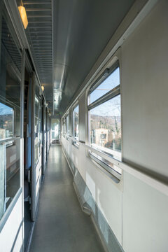 Inside a Train Wagon in a Sunny Day in Genoa, Liguiria in Italy.