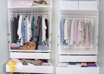 Before untidy and after tidy wardrobe. closet and nicely arranged clothes in piles and boxes after...