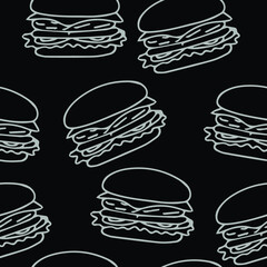 Seamless texture. Abstract modern vector burgers background. Fabric textile print template.
Fast food. Black fren. White outline. vector illustration.