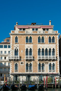 Grand Canal with Old Luxury Hotel Bauer Palazzo in a Sunny Day in Venice, Veneto in Italy. 