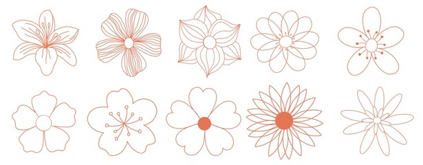 Set of linear icons of spring flowers isolated on white. Cute illustrations in bright orange for stickers, labels, postcards, scrapbooking