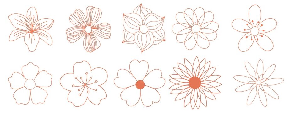 Set of linear icons of spring flowers isolated on white. Cute illustrations in bright orange for stickers, labels, postcards, scrapbooking