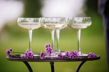 Champagne glasses on table