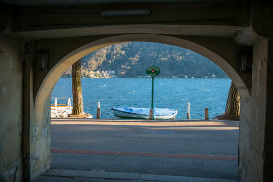 Signboard on Alpine lake Lugano in Morcote, Ticino in Switzerland.