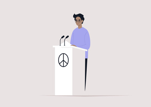 A male character standing on stage with a peace sign on a podium, a pacifist conference