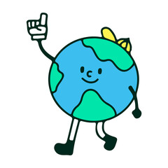 Earth planet wearing hat and showing number one finger gesture, illustration for t-shirt, sticker, or apparel merchandise. With doodle, retro, and cartoon style.