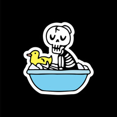 Skull with rubber duck on bath tub, illustration for t-shirt, sticker, or apparel merchandise. With doodle, retro, and cartoon style.