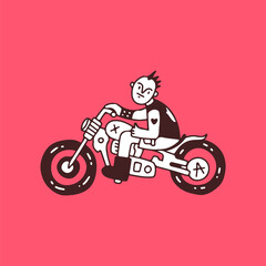 Punk boy riding motorbike, illustration for t-shirt, sticker, or apparel merchandise. With doodle, retro, and cartoon style.