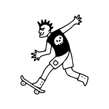 Punk boy riding skateboard, illustration for t-shirt, sticker, or apparel merchandise. With doodle, retro, and cartoon style.
