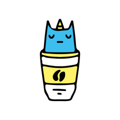 Unicorn cat and coffee, illustration for t-shirt, sticker, or apparel merchandise. With doodle, retro, and cartoon style.