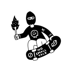 Man wearing thief mask riding skateboard and holding torch, illustration for t-shirt, sticker, or apparel merchandise. With doodle, retro, and cartoon style. © Epan