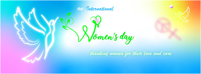 Fototapeta na wymiar International Women's day, facebook cover photo, landing page, linkedin, twitter header, happy women's day, celebrating, woman silhouette, rainbow, abstract background, gradient, vector, resizeable,