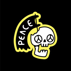Skull head and flag with peace typography, illustration for t-shirt, sticker, or apparel merchandise. With doodle, retro, and cartoon style.