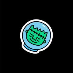 Frankenstein wearing astronaut helmet, illustration for t-shirt, sticker, or apparel merchandise. With doodle, retro, and cartoon style.