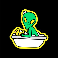 Alien on bathtub, illustration for t-shirt, sticker, or apparel merchandise. With doodle, retro, and cartoon style.