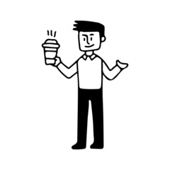 Young man with coffee, illustration with doodle, retro, and cartoon style.