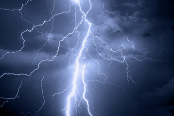Thunder, lightnings and rain during summer storm at night.