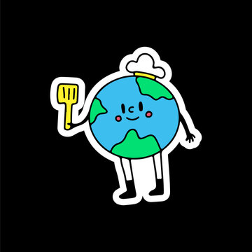 Earth planet with chef hat and holding spatula, illustration for t-shirt, sticker, or apparel merchandise. With doodle, retro, and cartoon style.