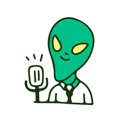 Alien wearing businessman suit and talking in microphone, illustration for t-shirt, sticker, or apparel merchandise. With doodle, retro, and cartoon style.
