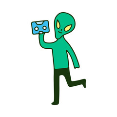Alien holding cassette tape, illustration for t-shirt, sticker, or apparel merchandise. With doodle, retro, and cartoon style.
