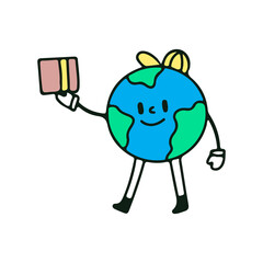 Earth planet mascot delivery a package, illustration for t-shirt, sticker, or apparel merchandise. With retro cartoon style.
