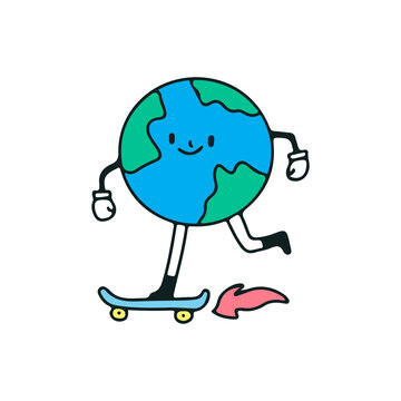 Earth planet mascot play with skateboard, illustration for t-shirt, sticker, or apparel merchandise. With retro cartoon style.