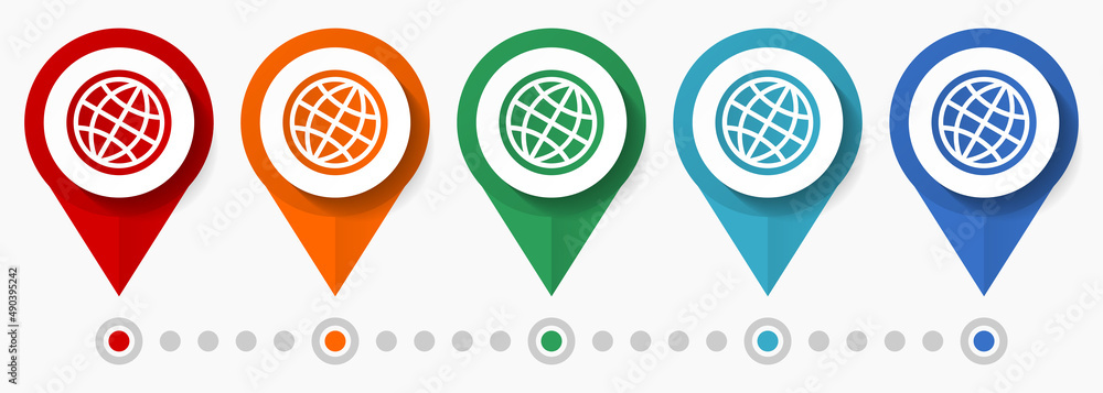 Poster world, globe concept vector icon set, flat design earth pointers, infographic template easy to edit