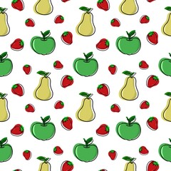 Seamless square pattern, ripe fruit with leaves , green apples, yellow pears and strawberries