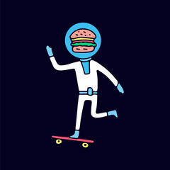 Astronaut with burger head ride a skateboard, illustration for t-shirt, sticker, or apparel merchandise. With doodle, retro, and cartoon style.