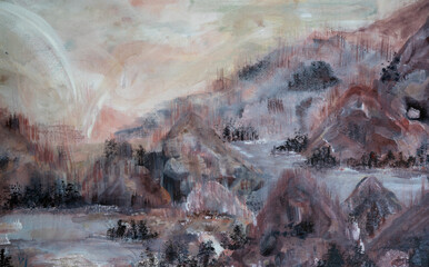 Modern art. Closeup view of romantic painting depicting a natural landscape of mountains and hills...