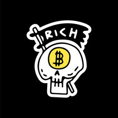 Skull with bitcoin eyes and flag, illustration for t-shirt, sticker, or apparel merchandise. With doodle, retro, and cartoon style.