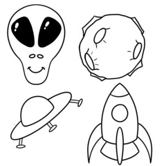A set on the theme of space, the approach of aliens, the appearance of UFOs, monochrome image