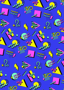 Vintage seamless pattern with purple background. The 90's pattern style