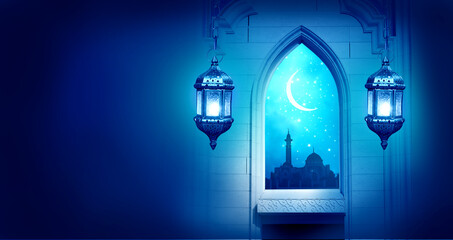 Islamic Greeting Cards for Muslim Holidays. Ramadan Kareem blue background.Eid Mubarak, greeting...