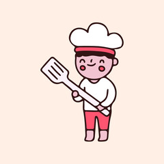 Cute baby chef holding spatula cartoon. Illustration for Perfect Nursery children, kids, greeting.