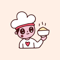 Kawaii chef kid holding food cartoon. Illustration for Perfect Nursery children, kids, greeting.