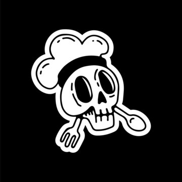 Skull chef with fork and spoon, illustration for t-shirt, sticker, or apparel merchandise. With doodle, retro, and cartoon style.
