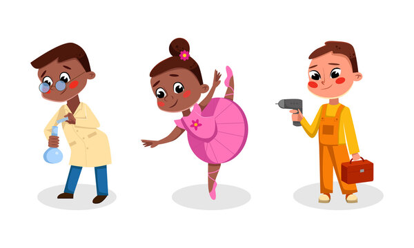 Funny kids of various professions set. Scientist, ballerina, construction worker cartoon vector illustration