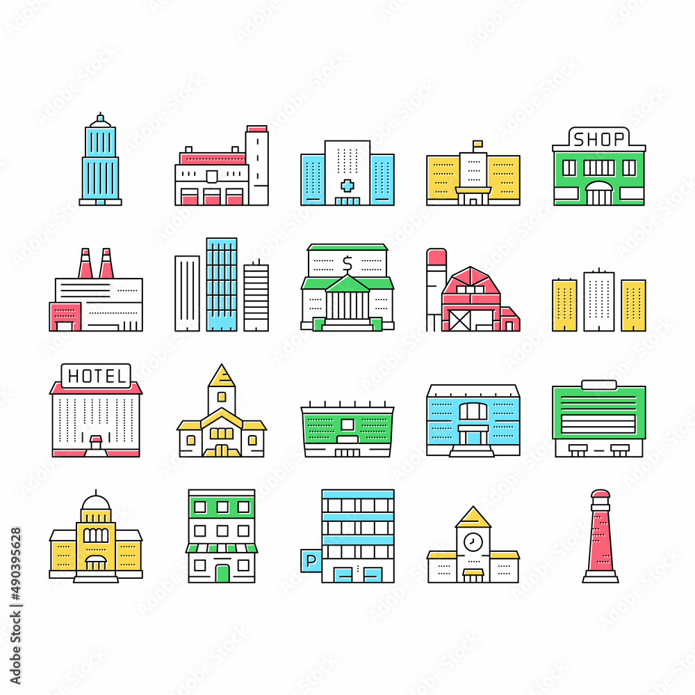 Poster building architecture collection icons set vector .