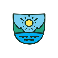 Sun, mountain, and sea, illustration for t-shirt, sticker, or apparel merchandise. With doodle, retro, and cartoon style.