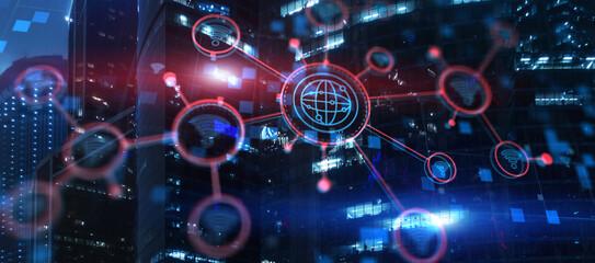 Obraz premium Global world telecommunication network. Wireless Communication on modern cityscape background