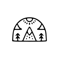 Mountain and tree, illustration for t-shirt, sticker, or apparel merchandise. With doodle, retro, and cartoon style.