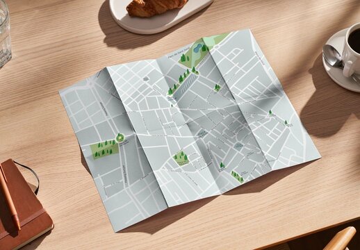 Foldable Paper Map on a Wooden Table Mockup
